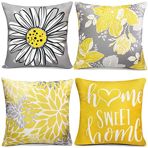 RYSMIYOU Yellow Linen Decorative Throw Pillow Covers 18x18 Pillow Cover Set of 4,Farmhouse Outdoor Pillow Covers, Throw Pillows Couch Pillow Covers for Sofa,Square Pillowcase Covers Home Decor