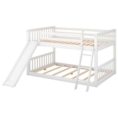Tensun Full Over Full Floor Bunk Bed with Slide and Ladder,Solid Pine Wood Low Bunkbeds w/Safety Guardrails,No Box Spring Needed, for Boys/Girls/Kids Bedroom, White