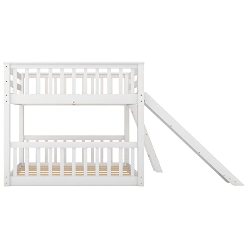 Tensun Full Over Full Floor Bunk Bed with Slide and Ladder,Solid Pine Wood Low Bunkbeds w/Safety Guardrails,No Box Spring Needed, for Boys/Girls/Kids Bedroom, White