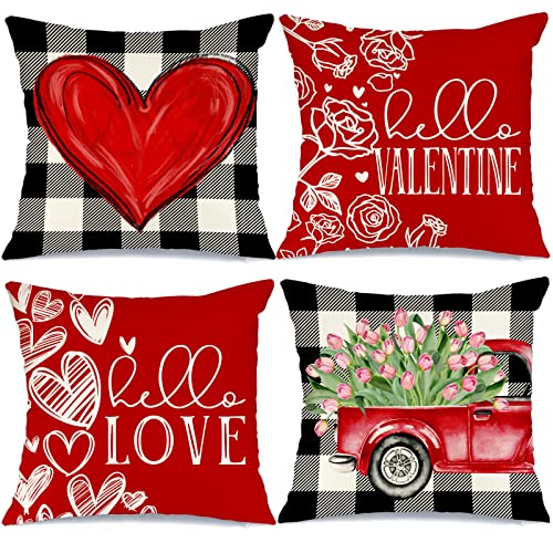 GEEORY Valentines Pillow Covers 18 x 18 Set of 4 Valentines Day Decor Buffalo Plaid Tulips Truck Red Love Heart Roses Valentine Pillows Decorative Throw Pillows Valentines Day Decorations for Sofa