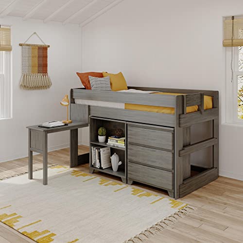 Max & Lily Modern Farmhouse Low Loft Bed, Twin Bed Frame for Kids with 3-Drawer Dresser, 2-Shelf Bookcase and Hook-on Desk, Driftwood