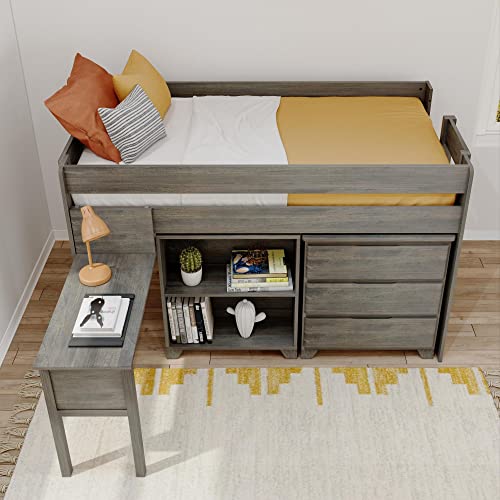 Max & Lily Modern Farmhouse Low Loft Bed, Twin Bed Frame for Kids with 3-Drawer Dresser, 2-Shelf Bookcase and Hook-on Desk, Driftwood