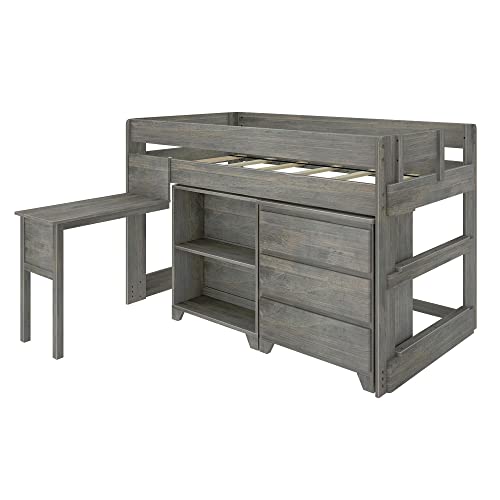 Max & Lily Modern Farmhouse Low Loft Bed, Twin Bed Frame for Kids with 3-Drawer Dresser, 2-Shelf Bookcase and Hook-on Desk, Driftwood