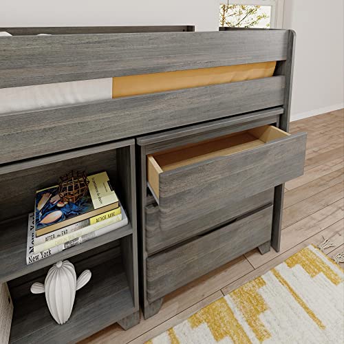 Max & Lily Modern Farmhouse Low Loft Bed, Twin Bed Frame for Kids with 3-Drawer Dresser, 2-Shelf Bookcase and Hook-on Desk, Driftwood