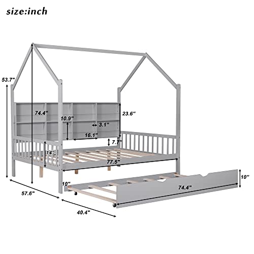 Merax Wood Full Multifunctional Montessori Daybed with Trundle/Storge Shelf Low Day Bed for Kids Boys Girls No Box Spring Needed Gray