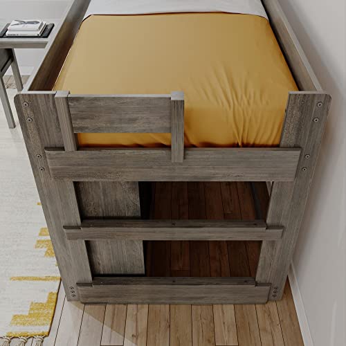 Max & Lily Modern Farmhouse Low Loft Bed, Twin Bed Frame for Kids with 3-Drawer Dresser, 2-Shelf Bookcase and Hook-on Desk, Driftwood