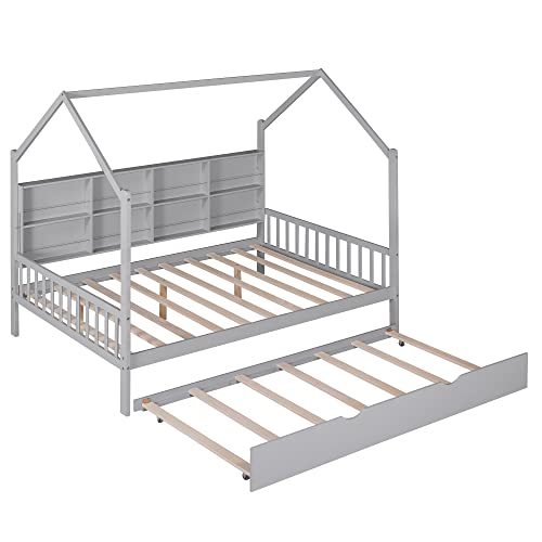 Merax Wood Full Multifunctional Montessori Daybed with Trundle/Storge Shelf Low Day Bed for Kids Boys Girls No Box Spring Needed Gray