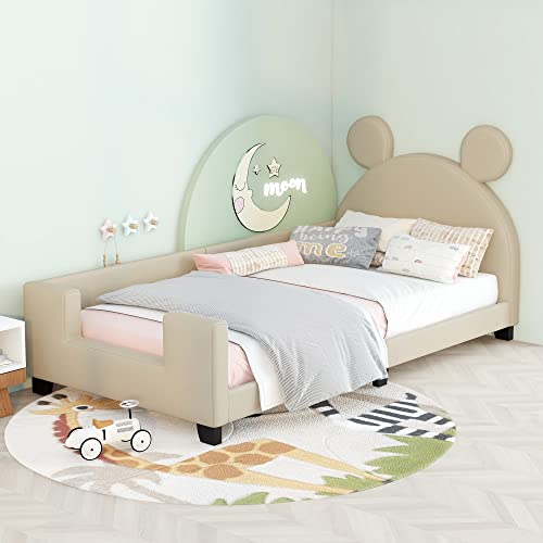 Merax Cute Kids Wood Twin Day Bed with Mouse Ears Headboard, Low Platform Bed Frame for Kids,Boys,Girls, No Box Spring Need (Twin, Grey)