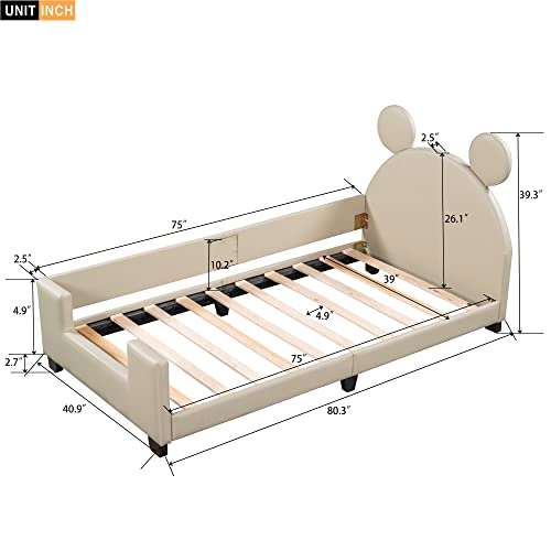 Merax Cute Kids Wood Twin Day Bed with Mouse Ears Headboard, Low Platform Bed Frame for Kids,Boys,Girls, No Box Spring Need (Twin, Grey)