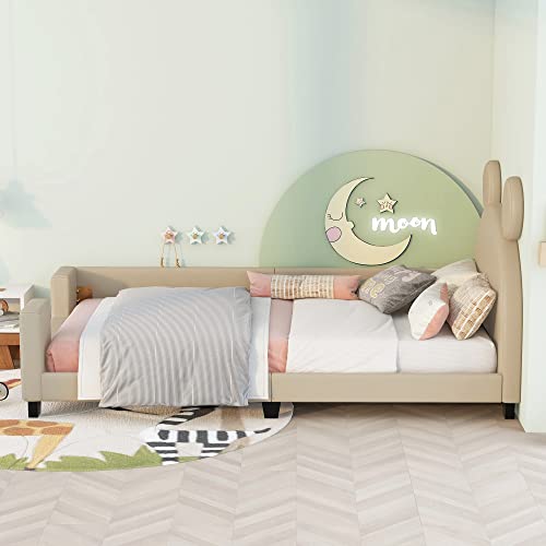 Merax Cute Kids Wood Twin Day Bed with Mouse Ears Headboard, Low Platform Bed Frame for Kids,Boys,Girls, No Box Spring Need (Twin, Grey)