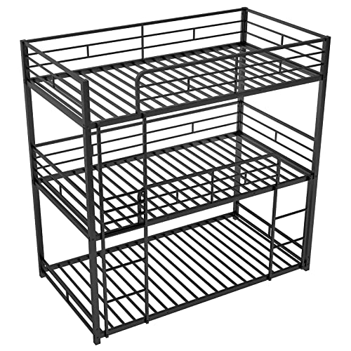 Tensun Triple Bunk Bed for Kids with Built-in Ladder,Twin Size Metal Bunkbeds with Safety Guardrails,No Box Spring Needed,Noise Free for Dorm,Bedroom,Guest Room,Black