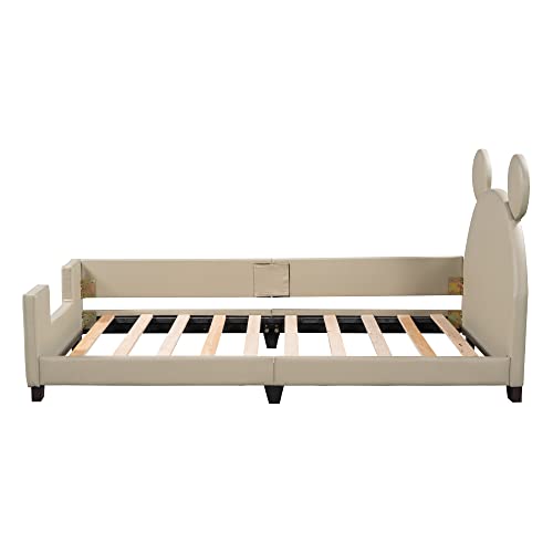 Merax Cute Kids Wood Twin Day Bed with Mouse Ears Headboard, Low Platform Bed Frame for Kids,Boys,Girls, No Box Spring Need (Twin, Grey)