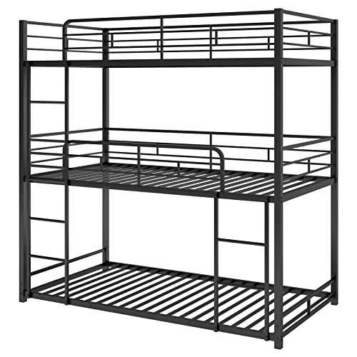 Tensun Triple Bunk Bed for Kids with Built-in Ladder,Twin Size Metal Bunkbeds with Safety Guardrails,No Box Spring Needed,Noise Free for Dorm,Bedroom,Guest Room,Black