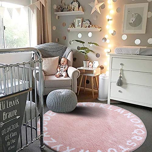 Lahome Pink Round Rug for Girls Bedroom - 3' Circle Nursery Rug for Kids Room Washable Non-Slip ABC Alphabet Baby Kids Rug Carpet for Bedroom Girls Playroom Nursery Rug Decor (3' Diameter, Pink)