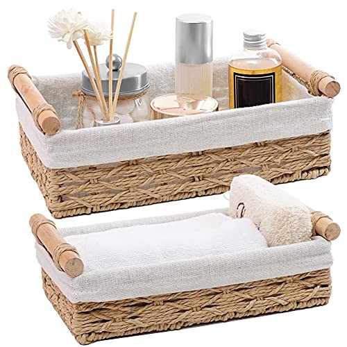 DUOER Round Paper Rope Storage Basket Wicker Baskets for Organizing with Handle Decorative Storage Bins for Countertop Toilet Paper Basket for Toilet Tank Top Small Baskets Set (Set of 2,Beige)