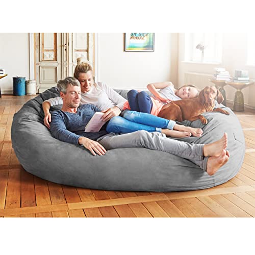 Lumaland Luxurious Giant 7ft Bean Bag Chair with Microsuede Cover - Ultra Soft, Foam Filling, Washable Jumbo Bean Bag Sofa for Kids, Teenagers, Adults - Sack Chair for Dorm, Family Room - Dark Grey