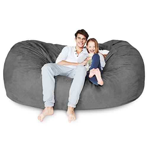 Lumaland Luxurious Giant 7ft Bean Bag Chair with Microsuede Cover - Ultra Soft, Foam Filling, Washable Jumbo Bean Bag Sofa for Kids, Teenagers, Adults - Sack Chair for Dorm, Family Room - Dark Grey