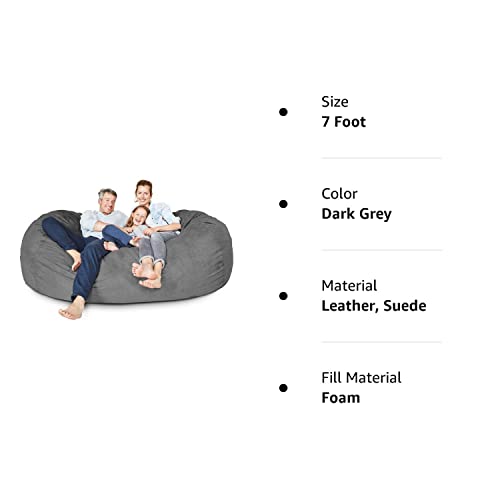 Lumaland Luxurious Giant 7ft Bean Bag Chair with Microsuede Cover - Ultra Soft, Foam Filling, Washable Jumbo Bean Bag Sofa for Kids, Teenagers, Adults - Sack Chair for Dorm, Family Room - Dark Grey