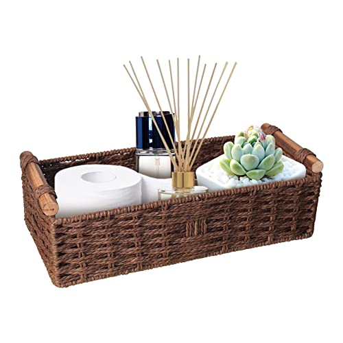 Round Paper Rope Storage Basket Wicker Baskets for Organizing with Handle Decorative Storage Bins for Countertop Toilet Paper Basket for Toilet Tank Top Small Baskets Set,Brown