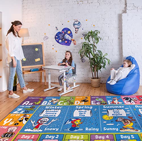 KC Cubs | Looney Tunes ABC Alphabet, Seasons, Months and Days of The Week Educational Learning & Game Play Area Non Slip Boy & Girl Kids Rug Carpet for Children Bedroom, Toddler Classroom & Baby Mat