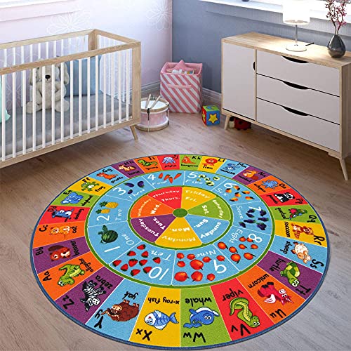 HEBE 4ft Round Kids ABC Rug Alphabet Nursery Rug for Bedroom Playroom Non Slip Educational Playmat Round Circle Carpet for Classroom Infant Toddlers