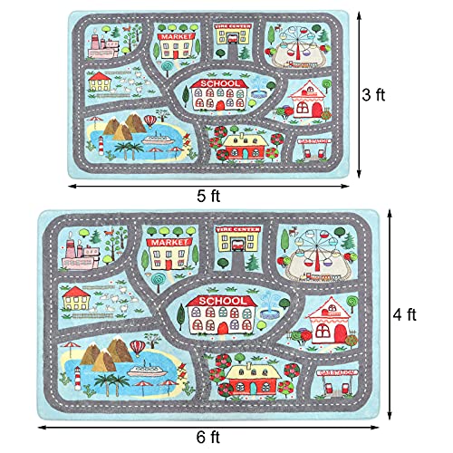Playroom Rug Play Carpet 4’ x 6’, Blue Large Educational Children’s Play Mat, Learning & Have Fun Safely Non-Slip Washable Road Traffic Floor Area Carpet, Great for Kids Room Bedroom