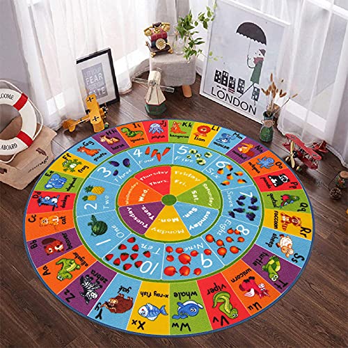 HEBE 4ft Round Kids ABC Rug Alphabet Nursery Rug for Bedroom Playroom Non Slip Educational Playmat Round Circle Carpet for Classroom Infant Toddlers