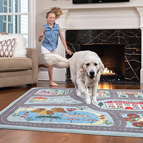 Playroom Rug Play Carpet 4’ x 6’, Blue Large Educational Children’s Play Mat, Learning & Have Fun Safely Non-Slip Washable Road Traffic Floor Area Carpet, Great for Kids Room Bedroom