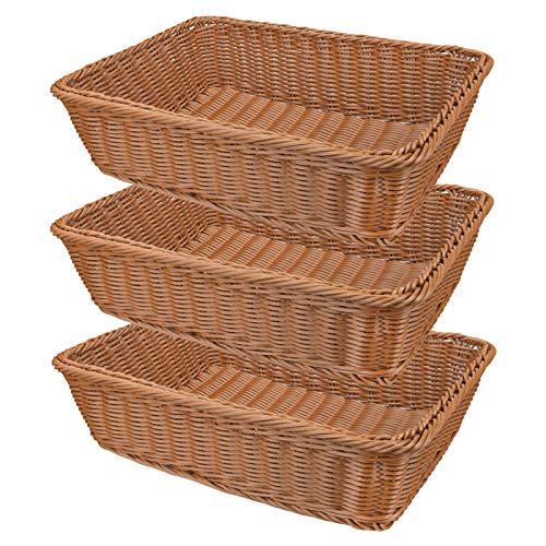 Yarlung 3 Pack Imitation Rattan Woven Bread Baskets, 11.8 Inch Poly Wicker Fruit Baskets for Food Serving, Display, Vegetables, Home Kitchen, Restaurant, Outdoor, Brown Rectangular