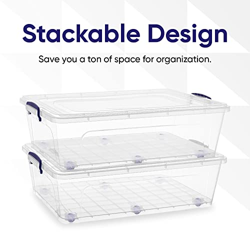 Superio Under Bed Storage Containers with Wheels (6 Pack), Flat Clear Storage Bin Stackable Large Storage Latch Box with Lids Store Cloths, Bedding, Linen, For Under The Bed, Garage, Home