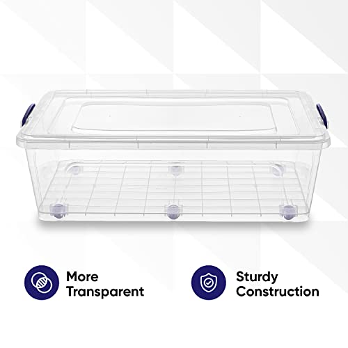 Superio Under Bed Storage Containers with Wheels (6 Pack), Flat Clear Storage Bin Stackable Large Storage Latch Box with Lids Store Cloths, Bedding, Linen, For Under The Bed, Garage, Home