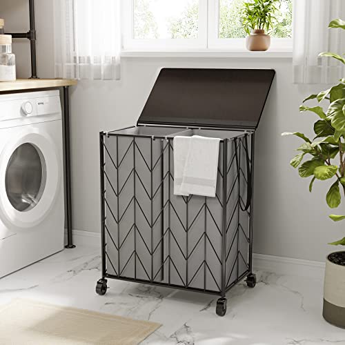 WOWLIVE Laundry Basket with Wheels, Heavy Duty Laundry Hamper with Wood Lid, Clothes Hamper with Divided Removable Liner Bag, Large Capacity Iron-Made Laundry Sorter Laundry Room Organization (Grey)