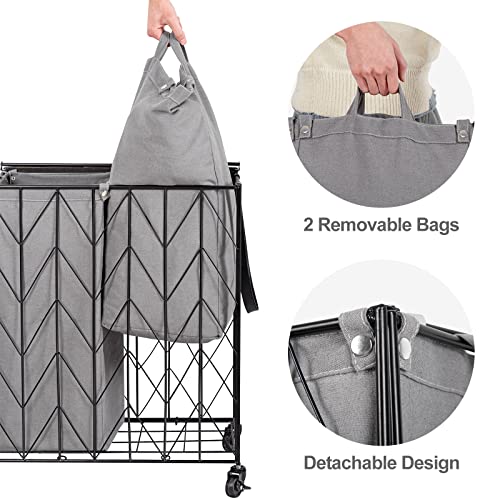 WOWLIVE Laundry Basket with Wheels, Heavy Duty Laundry Hamper with Wood Lid, Clothes Hamper with Divided Removable Liner Bag, Large Capacity Iron-Made Laundry Sorter Laundry Room Organization (Grey)