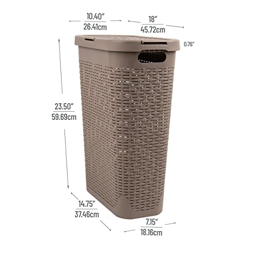 Mind Reader Basket Collection, Slim Laundry Hamper, 40 Liter (15kg/33lbs) Capacity, Cut Out Handles, Attached Hinged Lid, Ventilated, Tan