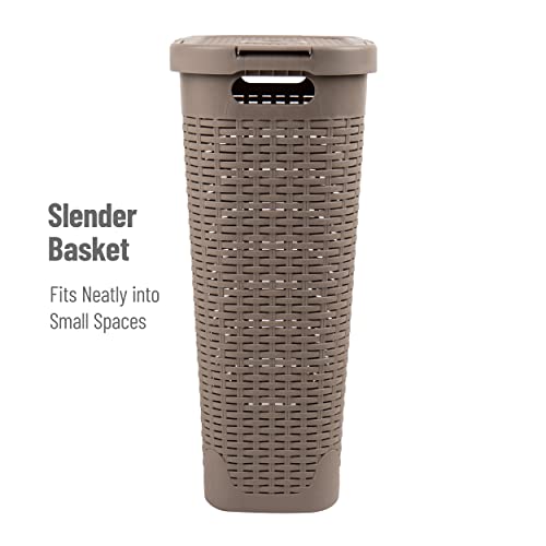 Mind Reader Basket Collection, Slim Laundry Hamper, 40 Liter (15kg/33lbs) Capacity, Cut Out Handles, Attached Hinged Lid, Ventilated, Tan