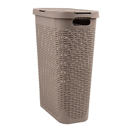 Mind Reader Basket Collection, Slim Laundry Hamper, 40 Liter (15kg/33lbs) Capacity, Cut Out Handles, Attached Hinged Lid, Ventilated, Tan