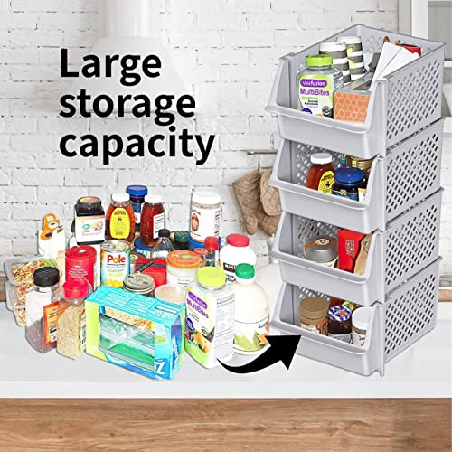 Skywin Plastic Stackable Storage Bins for Pantry - Stackable Bins For Organizing Food, Kitchen, and Bathroom Essentials (Light Grey)