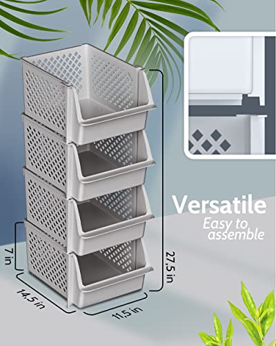 Skywin Plastic Stackable Storage Bins for Pantry - Stackable Bins For Organizing Food, Kitchen, and Bathroom Essentials (Light Grey)