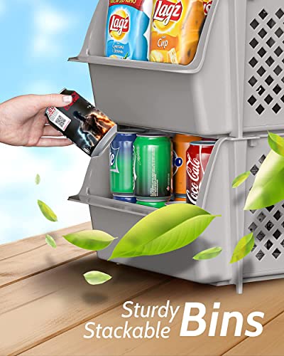 Skywin Plastic Stackable Storage Bins for Pantry - Stackable Bins For Organizing Food, Kitchen, and Bathroom Essentials (Light Grey)