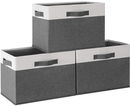 GhvyenntteS Storage Bins [3-Pack] Large Foldable Storage Baskets for Shelves, Sturdy Fabric Cube Storage Bins with 3 Handles for Closet Nursery Cabinet Living Room (Grey, 15" x 11" x 9.6")