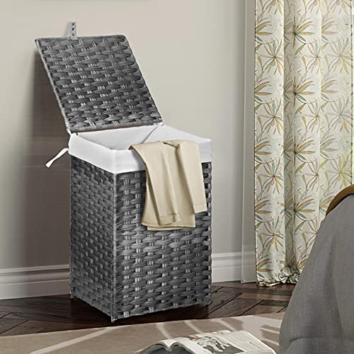 Greenstell Laundry Hamper with Lid, 60L Clothes Hamper with 2 Removable Liner Bags & 2 Mesh Laundry Bags, Handwoven Synthetic Rattan Laundry Basket for Clothes, Toys in Bathroom, Bedroom Grey