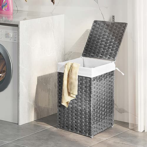 Greenstell Laundry Hamper with Lid, 60L Clothes Hamper with 2 Removable Liner Bags & 2 Mesh Laundry Bags, Handwoven Synthetic Rattan Laundry Basket for Clothes, Toys in Bathroom, Bedroom Grey