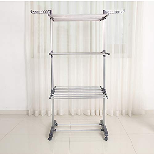 Kentaly Clothes Drying Rack, Large 3-Tier Rolling Folding Dryer Hanger Storage Collapsible Garment Rack Standing Rack with Foldable Wings and Casters for Indoor Outdoor