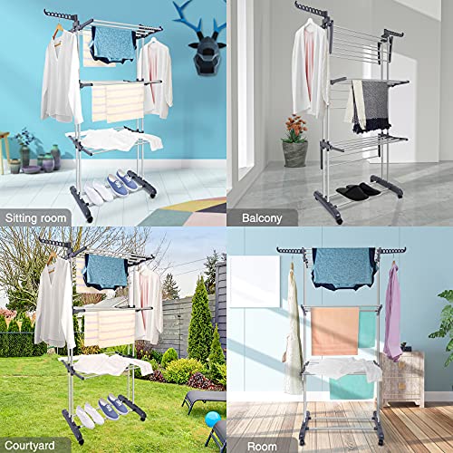 Kentaly Clothes Drying Rack, Large 3-Tier Rolling Folding Dryer Hanger Storage Collapsible Garment Rack Standing Rack with Foldable Wings and Casters for Indoor Outdoor