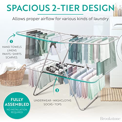 Brookstone - Improved Version - [2 Tier Double Spaced] Foldable Clothes Drying Rack, Collapsible Laundry Hanger [Ready Out of The Box] 53” Height x 21" Inner Width”