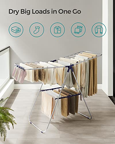 SONGMICS Clothes Drying Rack, with Bonus Sock Clips, Stainless Steel Gullwing Space-Saving Laundry Rack, Foldable for Easy Storage, Silver