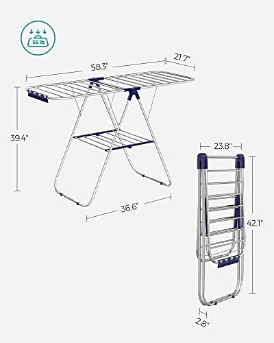 SONGMICS Clothes Drying Rack, with Bonus Sock Clips, Stainless Steel Gullwing Space-Saving Laundry Rack, Foldable for Easy Storage, Silver