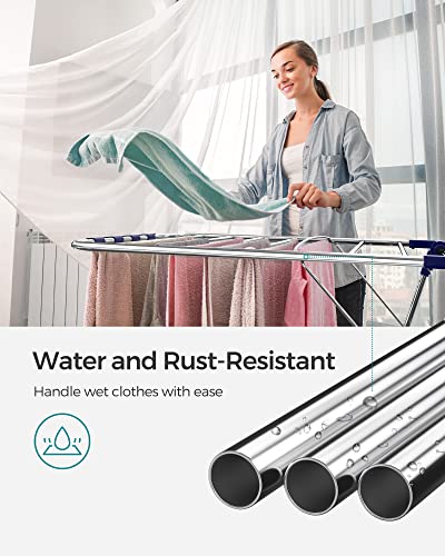 SONGMICS Clothes Drying Rack, with Bonus Sock Clips, Stainless Steel Gullwing Space-Saving Laundry Rack, Foldable for Easy Storage, Silver