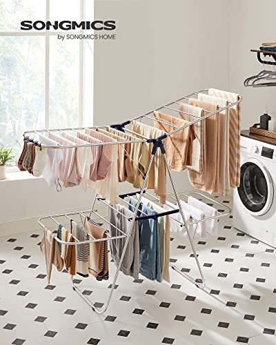 SONGMICS Clothes Drying Rack, Foldable 2-Level Laundry Drying Rack, Free-Standing Large Drying Rack, with Height-Adjustable Wings, 33 Drying Rails, Sock Clips, Silver and Blue ULLR53BU