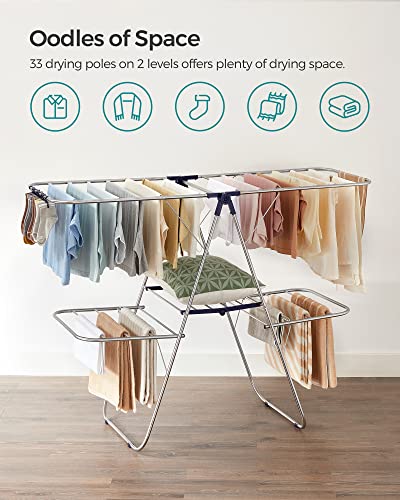 SONGMICS Clothes Drying Rack, Foldable 2-Level Laundry Drying Rack, Free-Standing Large Drying Rack, with Height-Adjustable Wings, 33 Drying Rails, Sock Clips, Silver and Blue ULLR53BU